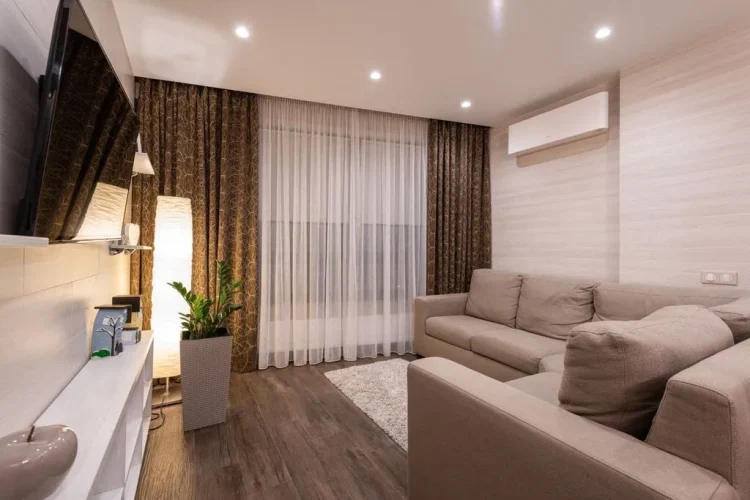Home with layered curtain
